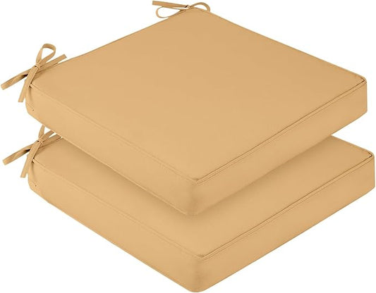 downluxe Waterproof Outdoor Chair Cushions Set of 2, 19" x 19" x 3" Patio Chair Cushion with Non-Slip Ties & Handle, Square Outdoor Cushion for Patio Furniture with Removable Cover, Khaki