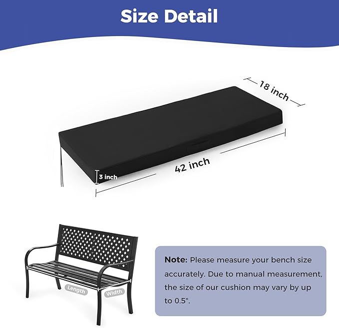 Outdoor Bench Cushions for Outdoor Furniture, 42x18x3 Inch, Waterproof Bench Pillow, Fade Resistant Long Bench Seat Pads for Garden, Indoor, Porch Swing, Black
