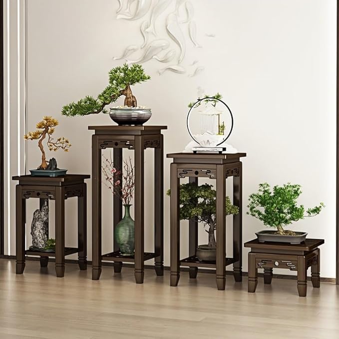 New Chinese Style Plant Stand, Decorative 2-Layer Wooden Tall Green Plant Display Rack, Flower Pot Rack with Storage for Balcony, Garden, Living Room(XX-Large)