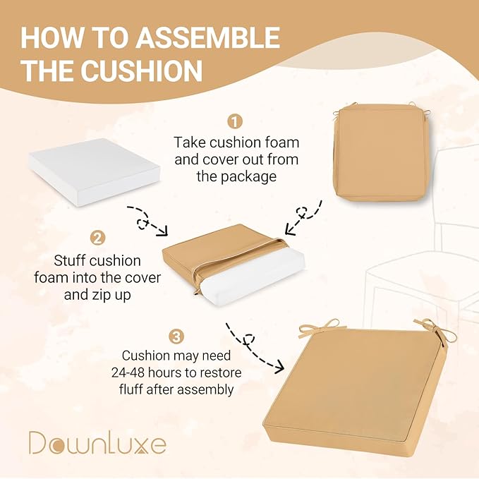 downluxe Waterproof Outdoor Chair Cushions Set of 2, 19" x 19" x 3" Patio Chair Cushion with Non-Slip Ties & Handle, Square Outdoor Cushion for Patio Furniture with Removable Cover, Khaki