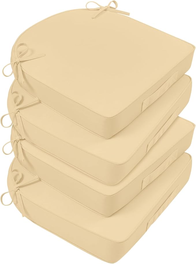 Basic Beyond Outdoor Cushions for Patio Furniture Waterproof Outdoor Chair Cushions Set of 4-19 x 19 x 3 Inch Thick Patio Chair Cushions with Adjustable Ties, Beige