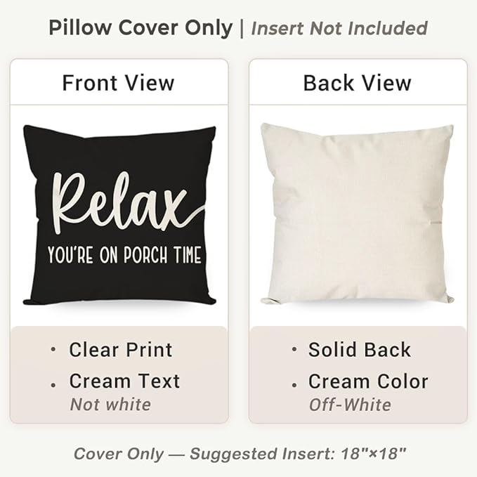 PANDICORN Decorative Throw Pillow Covers 18x18 Inch Relax Porch Time Black Outdoor Rustic Farmhouse Decorative Throw Pillows Cases Cushion Covers Decorations for Front Porch Couch Sofa Decor