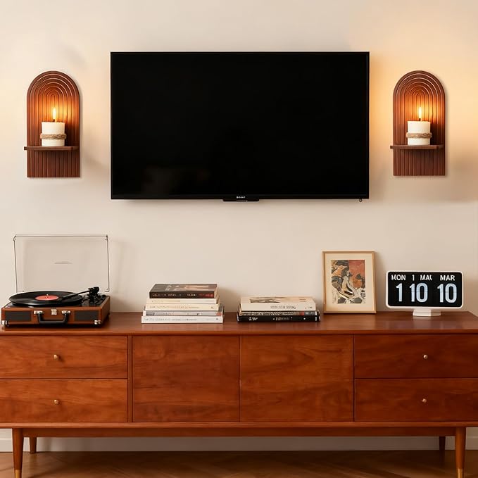 Mid Century Modern Candle Sconces: Set of 2 Walnut Boho Wall Candle Holder Decor for Living Room Fireplace - Arch Candle Shelf for Plants Pillars Candles