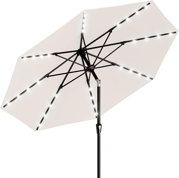 AreShark 9FT Patio Umbrella with Solar Lights, 32 LED Lighted Pool Umbrella w/Tilt and Crank, Outdoor Market Solar Umbrellas for Garden, Deck, Backyard, Pool and Beach, Cream-White