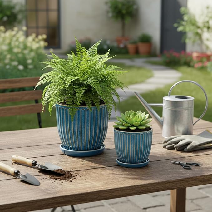 5 + 6 Inch Ceramic Plant Pots with Drain Hole & Saucer, Flower Pots for Indoor/Outdoor Plants - Succulent, Snake Plant, Money Tree, Aloe Vera, Basil Planter, Glaze Blue