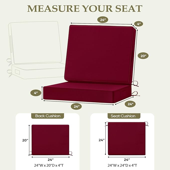Wellsin Outdoor Cushions for Patio Furniture, Waterproof Outdoor Seat Cushions with Ties and Handle, Outdoor Cushions 24 X 24, Outdoor Deep Seat Cushions with Removable Cover, Burgundy