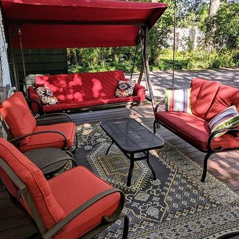 Mad Mats Traditional Outdoor Rug, Reversible Plastic Mat (6' x 9', Oriental Turkish - Black/Brown) for Patio, Porch, Poolside, Mudroom, Camping, RV, Deck