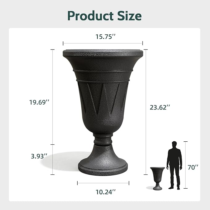 23.6" Tall Plastic Urn Planters for Outdoor Plants, Set of 2 Heavy-Duty Classic Indoor Large Flower Pots with Drainage Holes & Trophy Design, Outdoor Planters for Porch, Home Garden, Black