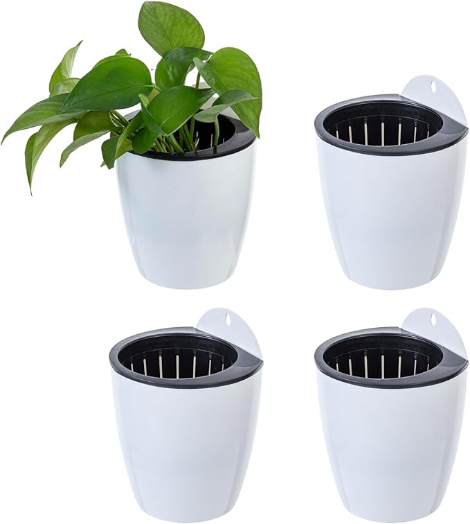 MyGift 5 Inch Wall Mounted Modern White Plastic Self Watering Planter Pots, Small Hanging Double Layer Wall Planter, Tabletop Mini Plant Container for Herb Succulent Cactus Flower, Set of 4