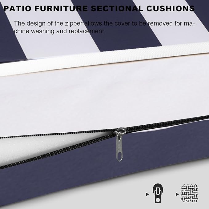 Patio Sectional Cushions, 14-Piece Replacement Cushions for Outdoor Furniture, Water-Resistant Outdoor Sofa Cushion for 6-Seat Rattan Wicker Sectional Conversation Sets (Navy Blue & White Stripes)