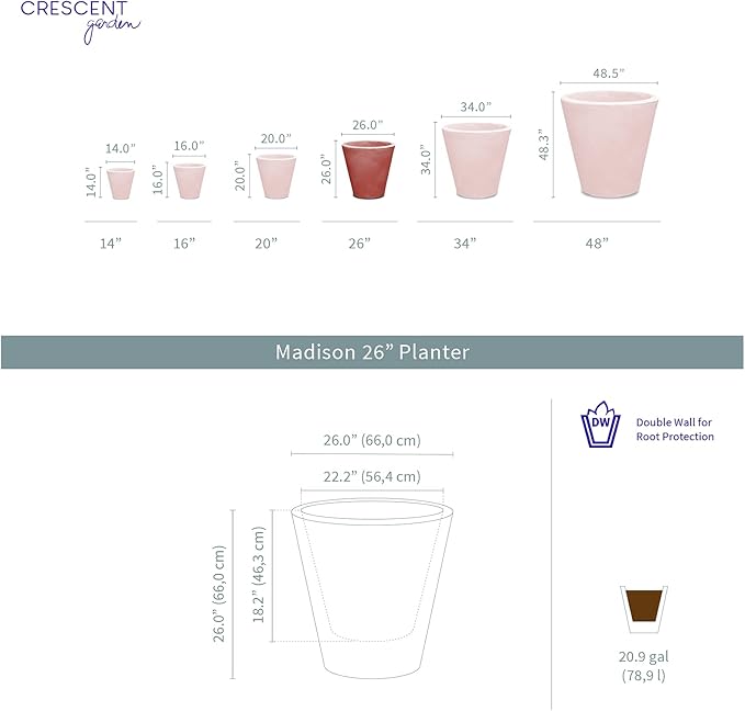 Crescent Garden Madison Planter– Weather-Resistant, Double Walled Indoor/Outdoor Plant Pot with Drain Hole – Large Plastic Plant Pot, 26-Inch (Terracotta-Colored)