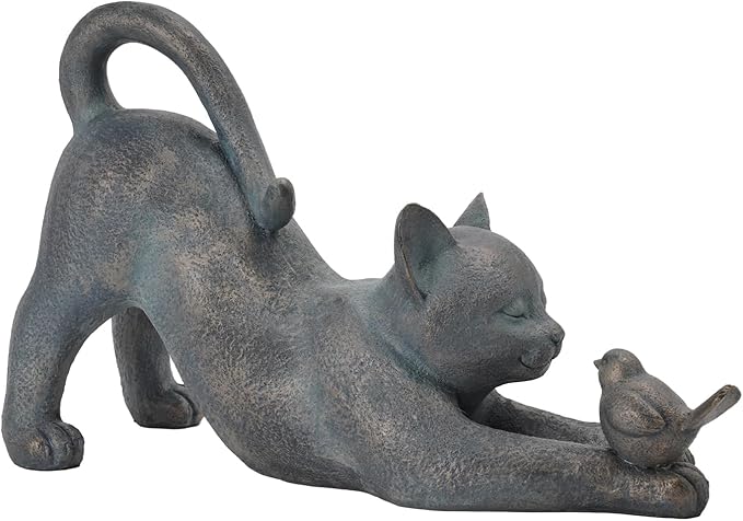 Cat Garden Statues Outdoor Cat-Figurines - Home Garden Decor 16 x 6 x 9.5 inch Resin Cats & Bird Playing Sculpture Statue for Farmhouse Outside Backyard Lawn Gift for Kitten Lovers Newman House Studio