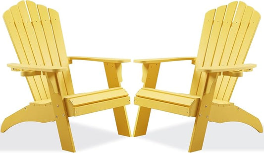 Psilvam Adirondack Chair, Oversized Poly Lumber Fire Pit Chair with Cup Holder, 350Lbs Support Patio Chairs for Garden, Weather Resistant Adirondack Chair Looks Like Real Wood (2, Yellow)