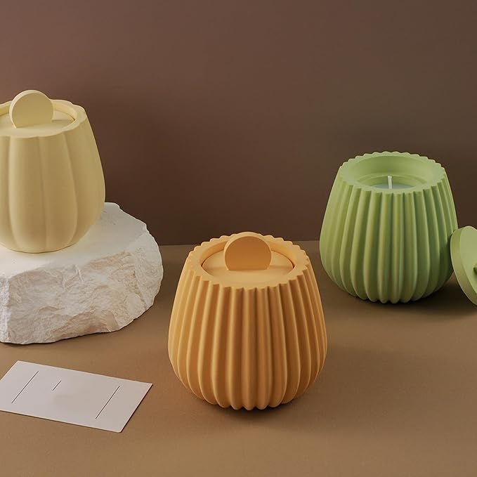 Storage Box with Lids, Silicone Candle Jar Molds Set, Creative Vessels Pot Molds, Concrete Round Stripe with Cover Bottle Making Moulds for Storage Holder (R-2Pcs)