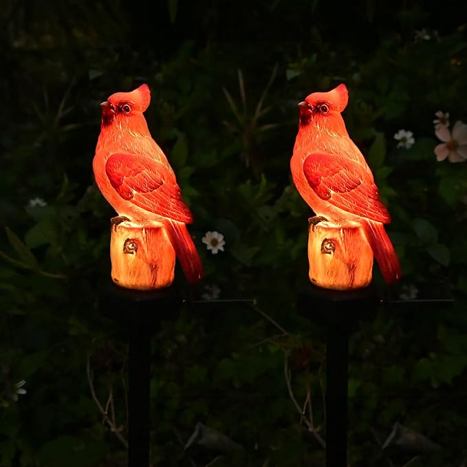 Red Cardinal Figurine Solar Light 2 Pack Garden Decor Outdoor Stake Patio Yard Art Lawn Dad Grave Decorations for Cemetery Mother Day Memorial for Mom Gravesite