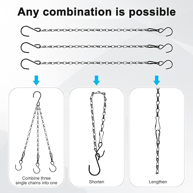 6-Pack Chain for Hanging Plants, 40cm(16 Inch) Adjustable Hanging Chain with Hooks for Bird Feeder/Planter/Lantern/Wind Chime, Iron Basket Extender Hanger [Black]