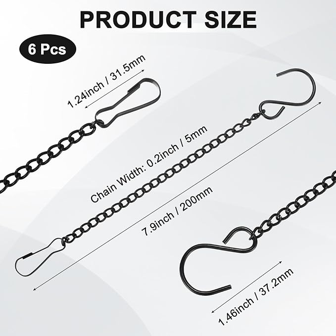 6-Pack Chain for Hanging Plants, 20cm(8 Inch) Adjustable Hanging Chain with Clips for Bird Feeder/Planter/Lantern/Wind Chime, Iron Basket Extender Hanger [Black]
