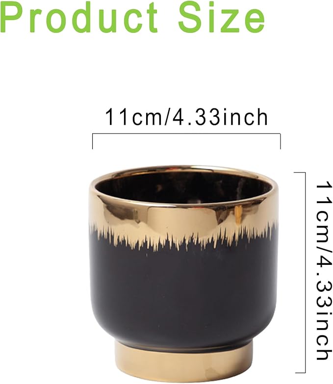 Black Gold Ceramic Succulent Plant Pots Floral Small Plant Pots Indoor Modern Round Decorative Indoor-Outdoor Garden Pots with Drainage Holes - Plants Not Included 4.33 x4.33 Inch