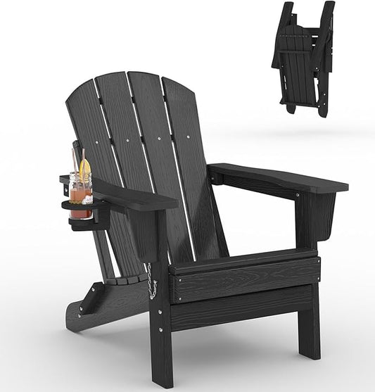 Folding Adirondack Chair, All-Weather HDPE Outdoor Chair, Wooden Textured with Cup Holder for patios, Decks, Gardens, fire pits, Black
