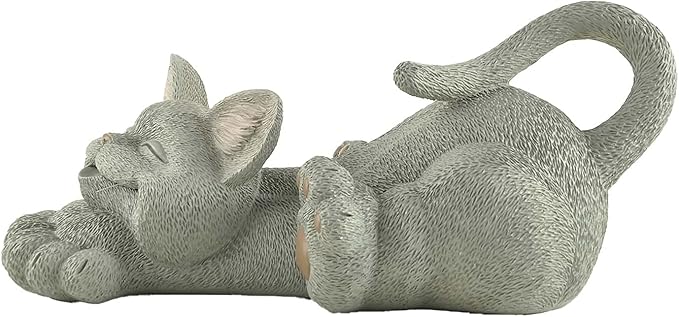 JFSM INC. 12" Whimsical Lounging Grey Cat Garden Statue - Indoor Outdoor Relaxed Zen Cat Sculpture - Garden Decorations for Patio Yard Lawn Porch