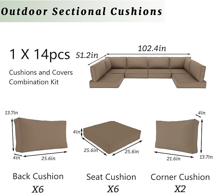 Outdoor Sectional Cushions Replacement Set, 26x26in Patio Furniture Cushions, 14 Pieces Waterproof Outdoor Couch Cushion for 6 Seat Wicker Conversation (Khaki)