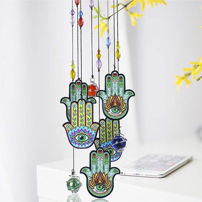 Wind Chimes Outdoor Decor, Metal Memorial Windchimes Hanging Decoration for Garden Home Yard and Christmas Tree,15'' Hamsa Hand Evil Eye Chakra Glass Beaded Design Christmas Decor