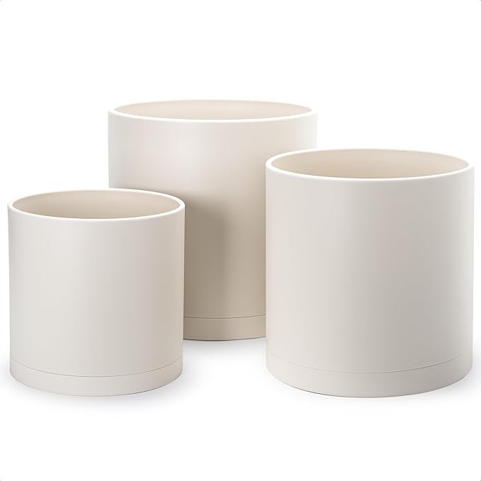 D'vine Dev 10 Inch 12 Inch 14 Inch, Set of 3 Plastic Planter Pots for Plants with Drainage Hole and Seamless Saucers, Oatmeal, XX-Large, 74-V-H-6
