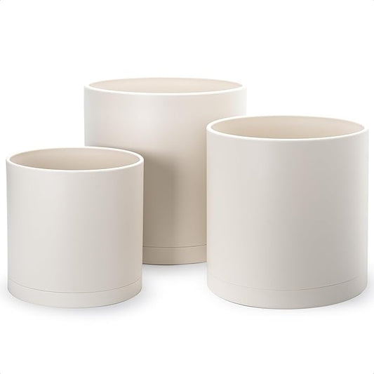 D'vine Dev 10 Inch 12 Inch 14 Inch, Set of 3 Plastic Planter Pots for Plants with Drainage Hole and Seamless Saucers, Oatmeal, XX-Large, 74-V-H-6