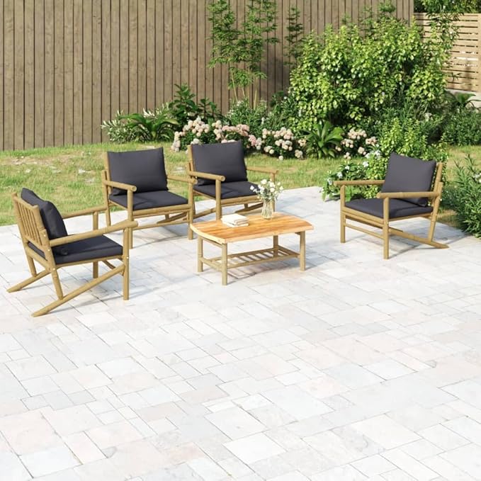 Garden Lounge Set Dark Grey, Natural Bamboo Outdoor Seating Set Garden Seating Ensemble for Pond Backyard