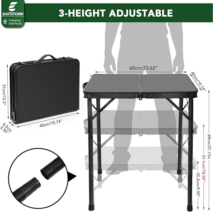 Small Metal Folding Table 3 Adjustable Heights, 23.6''×15.7''×27'' Heavy-Duty Portable Picnic Table for Outdoor Camping, Garden, Patio, Grill, BBQ, Party, 2Ft (Small, Black)