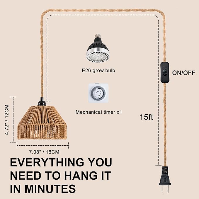 30W Suspended Indoor Plant Growth Light, 24-Hour Cycle Timer, 4000k Full Spectrum LED, Suitable for Large Tall Plants, Gardens, Flowers, and greenhouses, Suspended Plant Pendant Light