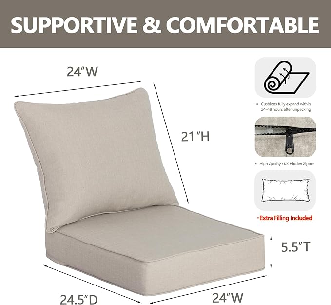 Goodgoods 24 x 24 Outdoor Patio Deep Seat Cushions 2-Pack, 1000+ Hours Fade-Resistant & Water-Resistant Outdoor Furniture Chair Cushions with 30D High-Resilience Foam for Sofa Chair, Putty