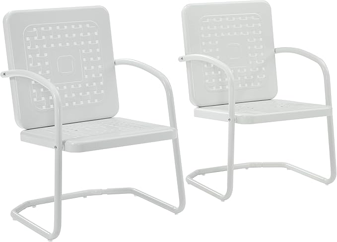 Crosley Furniture Bates 2-Piece Outdoor Chair Set, Retro Metal Patio Chairs for Dining, Porch, Deck, Balcony, White Gloss