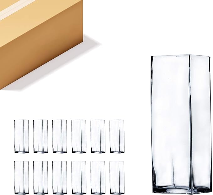 WGV Tall Square Vase Glass Block Bulk, Length 4", Height 12", Clear Bud Floral Container, Candle Holder, Planter Terrarium for Wedding Party Event, Home Office Decor, 12 Pieces