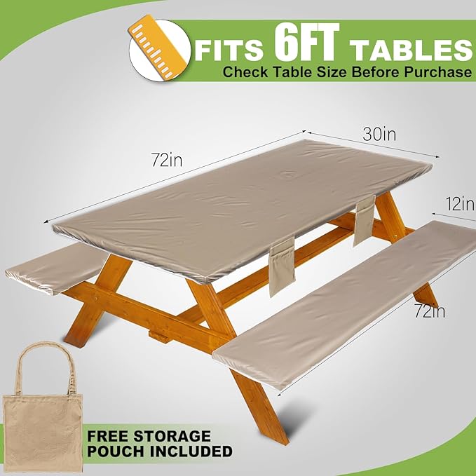 Picnic Table Cover with Bench Covers Vinyl Elastic Edges Fitted Rectangle Seat Tables Waterproof 3-Piece72X30in Set Outdoor Rectangular Folding Backing Tablecloth for Camping Over Size