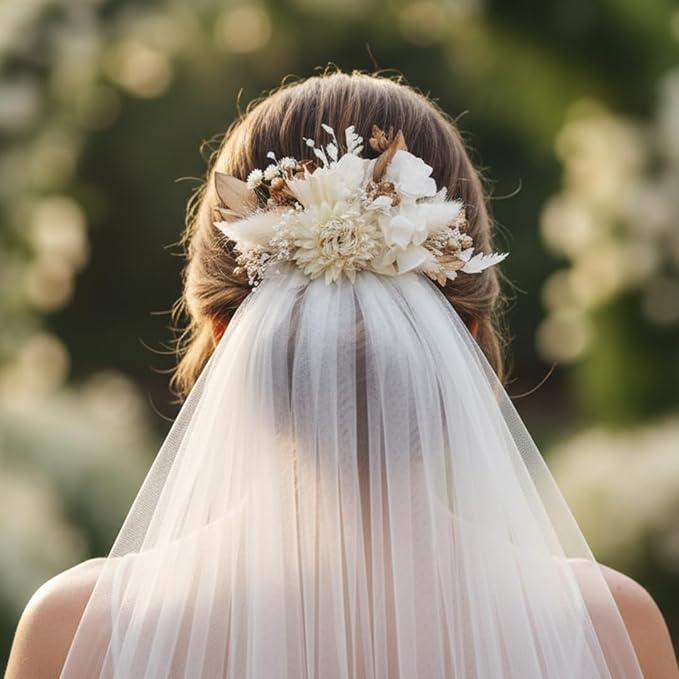 Rustic Preserved Dried Flower Hair Comb Natural Floral Headband with Daisy Cream Mixed Flowers for Women Brides Bridesmaids Flower Girls Family Photography