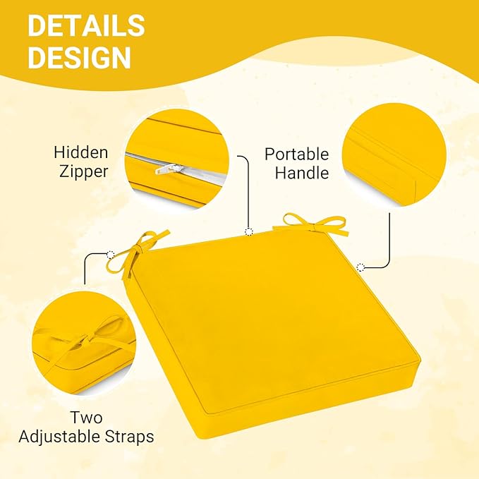 downluxe Waterproof Outdoor Chair Cushions Set of 2, 19" x 19" x 3" Patio Chair Cushion with Non-Slip Ties & Handle, Square Outdoor Cushion for Patio Furniture with Removable Cover, Yellow
