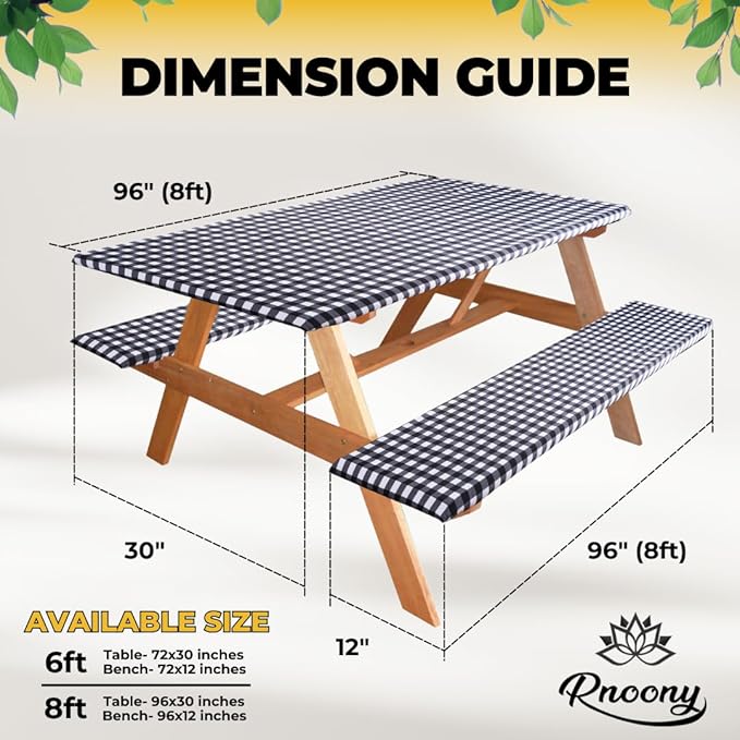 RNOONY 8ft Polyester Picnic Table Cover with Bench Covers Windproof & Waterproof Tablecloth, Perfect for Camping Gifts & RV Essentials, Cool Camping Gadgets with Carrying Bag, 96x30 Inches,4Pcs Black