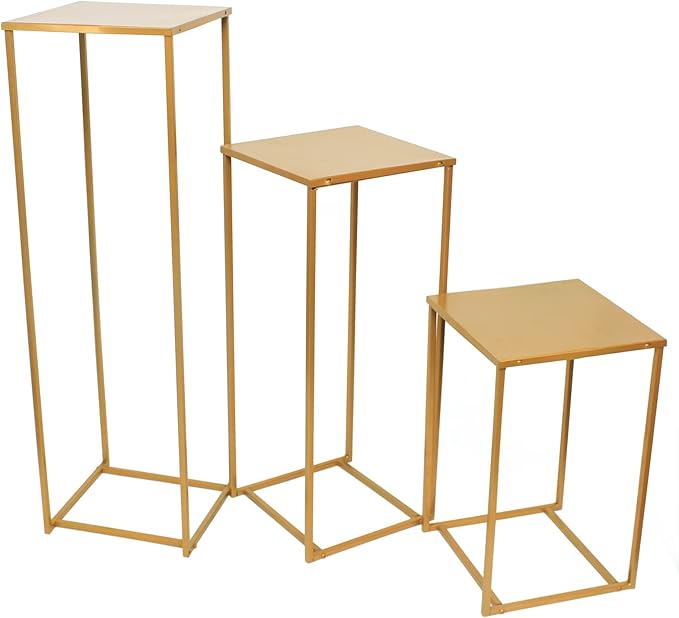 Set of 3 Metal Plant Stand Golden Nesting Display End Table Tall Pedestal Stand Indoor Outdoor Flower Pot Holder Stand Plant Square Display Rack Set for Wedding Garden Patio Terrace