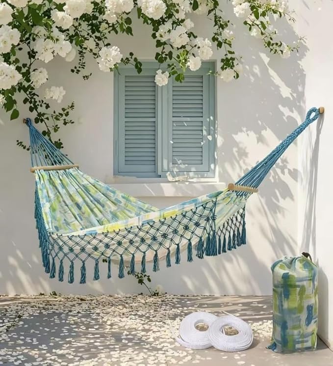 Boho Classic Hammock with Tassel,Max 500lbs Handmade,2 Person Hammock Hammock for Indoor & Outdoor, Lightweight Durable - for Patio, Porch, Backyard Lounging(Khaki)