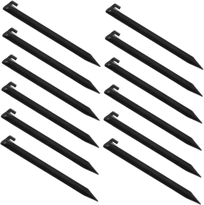 Luxshiny 12pcs Heavy Duty Plastic Tent Stakes Spike Hooks, Black Camping Ground Pegs for Beach Sand, Outdoor Picnic, Lawn, and Garden Tent Accessories