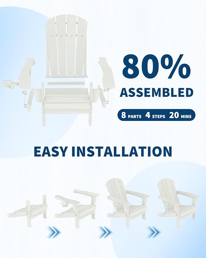 Folding Adirondack Chair Set of 6, All-Weather HDPE Outdoor Chair, Wooden Textured with Cup Holder for patios, Decks, Gardens, fire pits, White