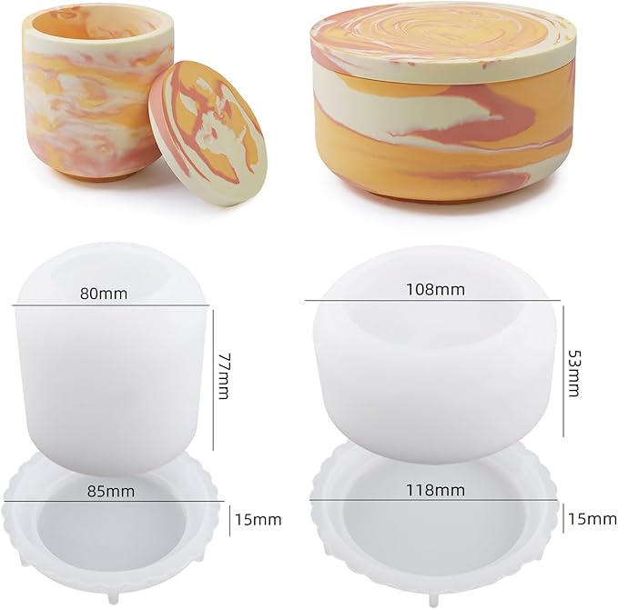 2 PCS Large Storage Box with Lids, Creative Silicone Candle Vessels Pot Molds, Concrete Round with Cover Bottle Making Moulds for Organizer