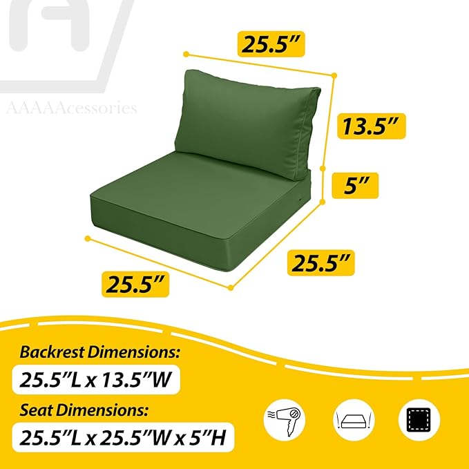 AAAAAcessories Outdoor Deep Seat Cushions, Waterproof, Fade-Resistant Patio Furniture Replacement Cushions, 25.5" x 25.5" x 5" + 25.5" x 13.5", Set of 4, Dark Moss Green