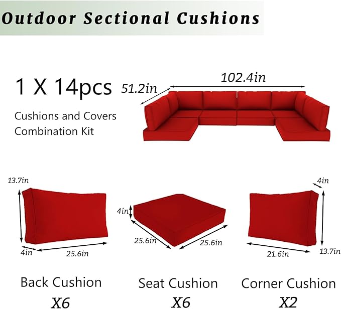 Outdoor Sectional Cushions Replacement Set, 26x26in Patio Furniture Cushions, 14 Pieces Waterproof Outdoor Couch Cushion for 6 Seat Wicker Conversation (Red)