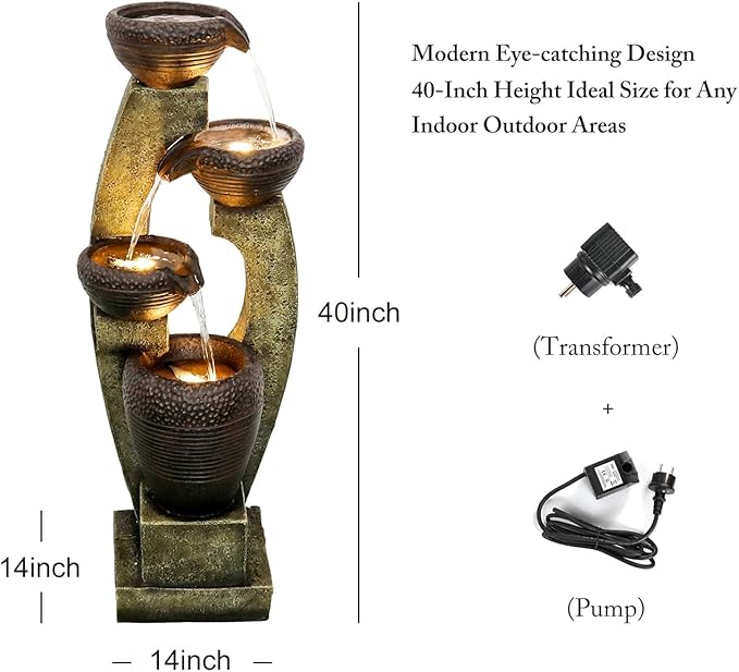 40” H Modern Outdoor Fountain - 4 Crocks Outdoor Garden Fountains with Contemporary Design for Garden, Patio, Deck, Porch, Backyard and Home Art Decor