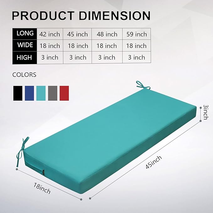 idee-home Outdoor Bench Cushion Waterproof, Bench Cushions for Outdoor Furniture, Patio Porch Swing Replacement Seat Pad with Ties for Garden Backyard, 54 x 18 Inch