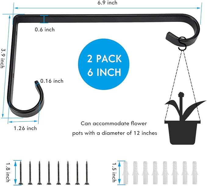 Plant Hangers 6 Inch Planter Hooks Plant Hanger Bracket, Lantern Hooks for Wall Outdoor Iron Curved Wall Hook for Planter, Lantern, Bird Feeders (2 Packs)