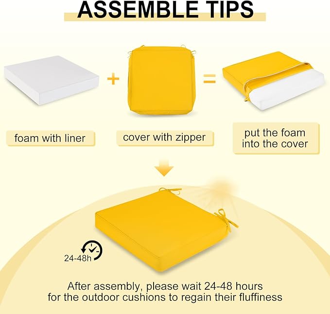 downluxe Waterproof Outdoor Chair Cushions for Patio Furniture, 19" x 19" x 2" Patio Chair Cushion with Adjustable Ties & Portable Handle, Square Outdoor Cushion with Removable Cover, Yellow, 2 Pack