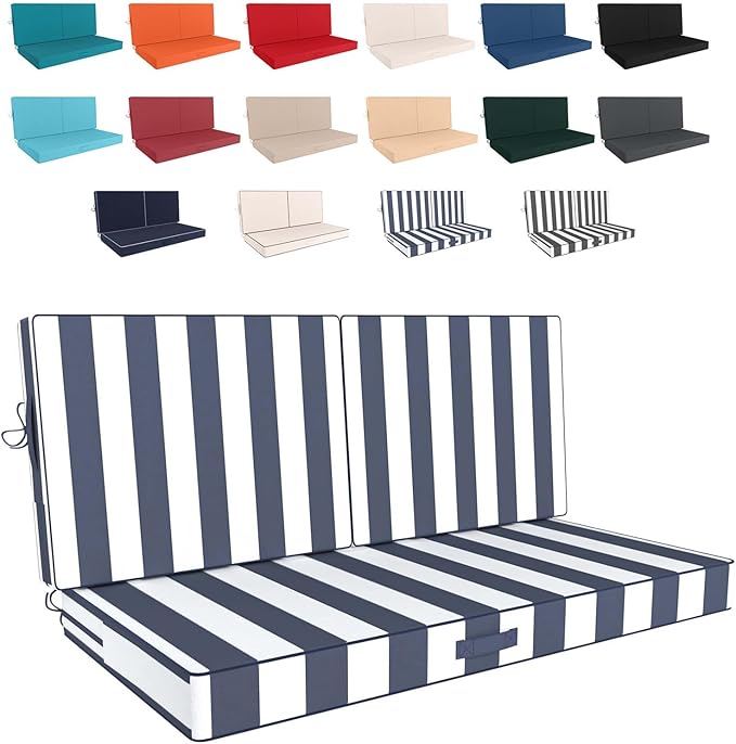46 x 24 Outdoor Loveseat Cushion Set, 3 Piece Seat Cushions for Patio Furniture,Fade Resistant,Water Repellent, Outdoor Cushion Set for Wicker Couch,Bench,Swing,Blue White Striped
